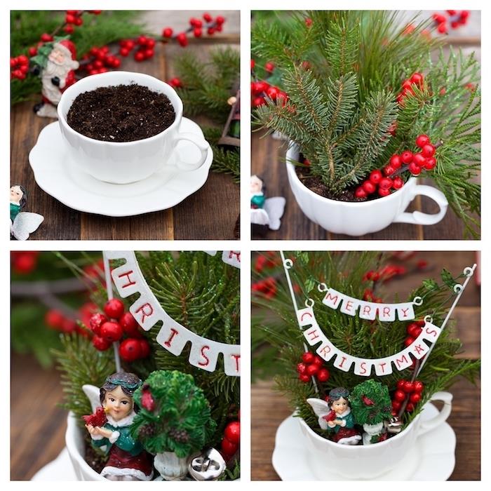 malé terárium v ​​čajovej šálke so šálkou, borovicovými vetvami a cezmínou zasadené v zemine, vianočné remeslá