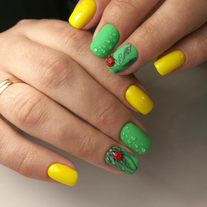 manikyr droppe vatten och nyckelpiga, manikyr i grönt och gult, original nageldesign