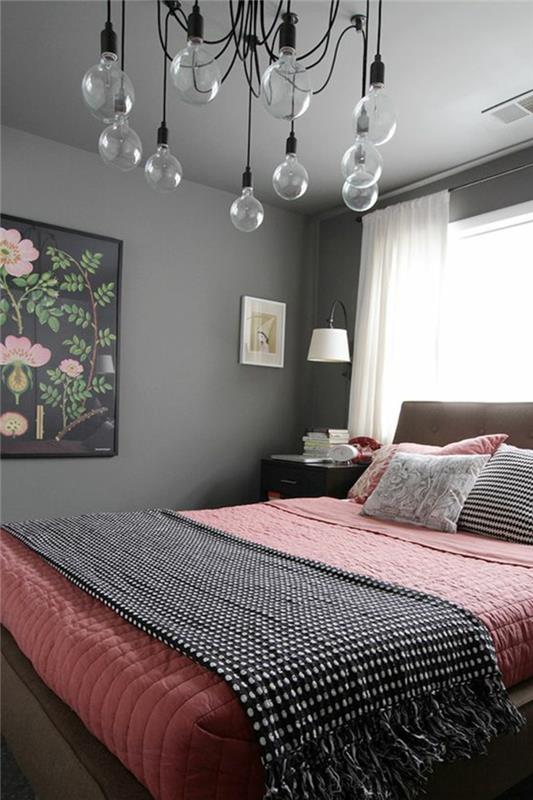 ديكور دهان غرف النوم ، لمبات كهربائية ، سرير وردي ورمادي ، طلاء وردي وأسود