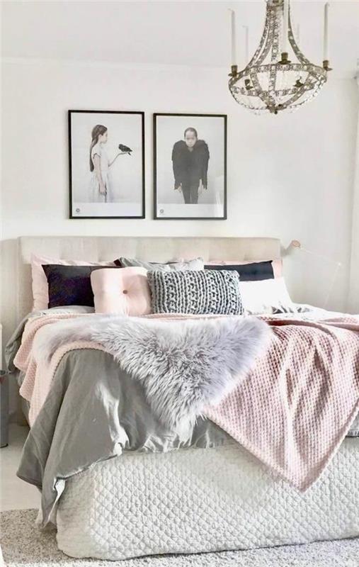 غرفة نوم دهان ديكو ، صور فوتوغرافية مؤطرة باللون الرمادي ، مصباح سقف أصلي ، أغطية لحاف باللونين الوردي والرمادي