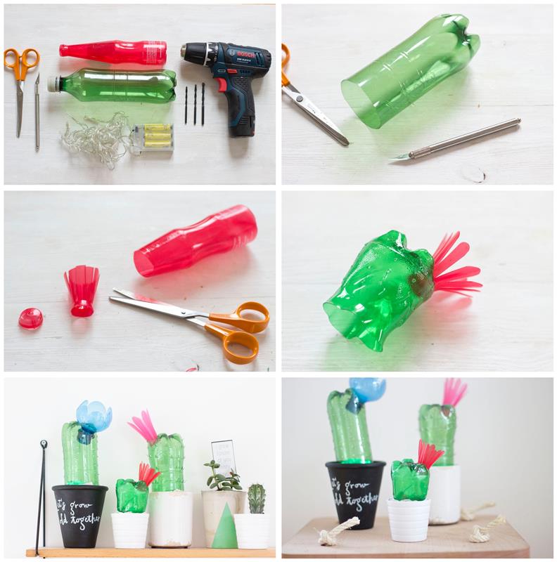 enkel DIY med återvunnet föremål, kaktusar i plastflaskor och deras krukor