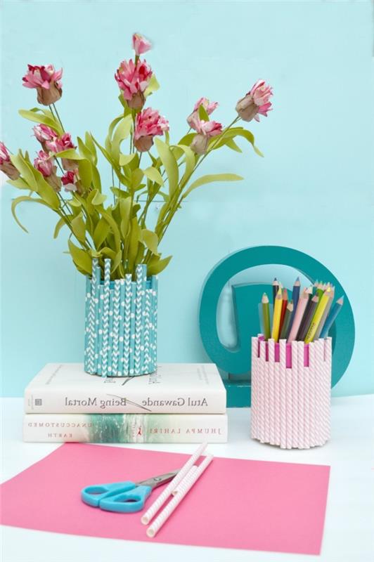 DIY skrivbordsdekoration, pennhållare dekorerad med återvunna sugrör, enkel återhämtning för ditt skrivbord