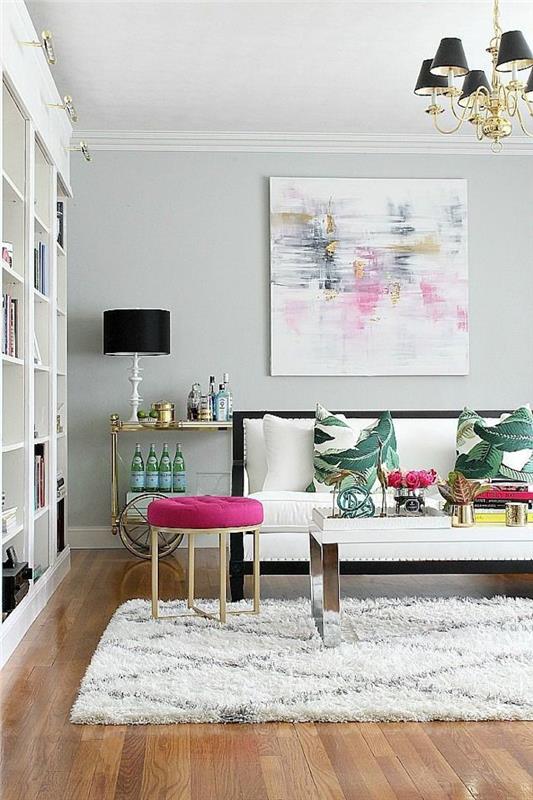 Jednoduchý nápad na prášok a ružovú a taupe spálňu sivé a ružové usporiadanie spálne v obývacej izbe vankúše v trópoch ružová biela a zelená téma abstraktné umenie elegantná obývačka