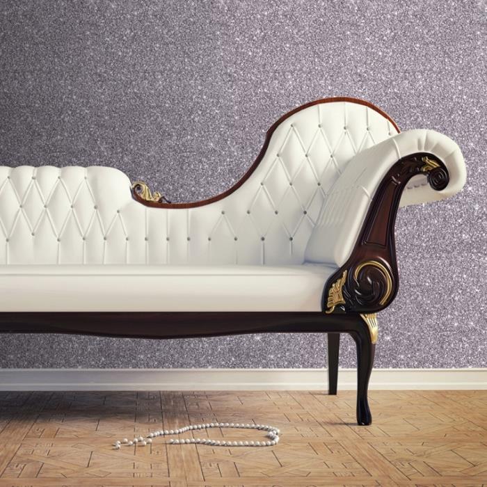 aká farba pre očarujúcu obývačku alebo chodbu, romantický nápad na výzdobu pre ženskú izbu, príklad trblietavá šedá farba na fialovom základe