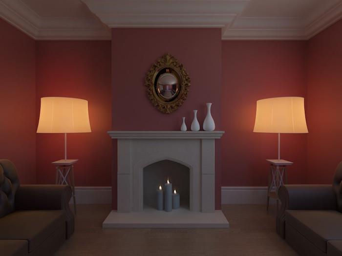 Betonggrå minimalistisk dekorativ faux spis med trio av grå ljus i vardagsrummet med vinröda väggar på mattan och duo av symmetriska lampor
