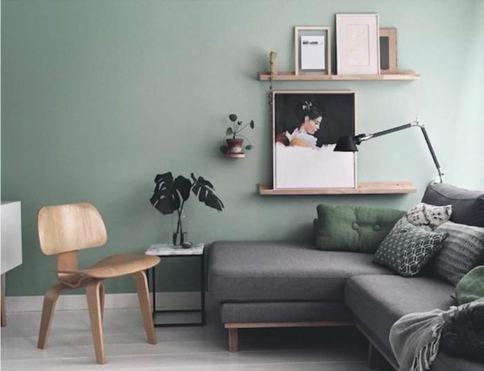 moderná obývačka-farba-farba-obývačka-pastelovo-zelená-sedačka-sivá-čisté-línie