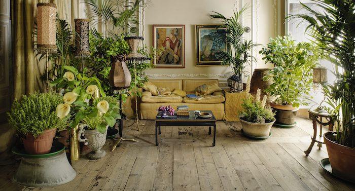 obývacia izba zariadená vo vintage štýle, žltá sedacia súprava, parkety zo surového dreva, nástenné rámy v štýle art deco, niekoľko veľkých izbových rastlín