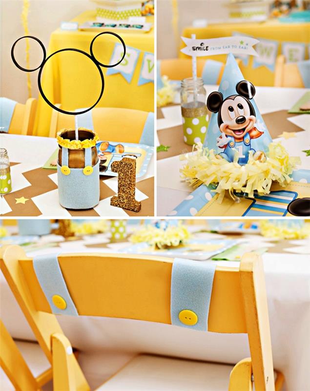 Mussefödelsedagstema för bordsdekoration i ljusblått och gult, personlig mickey mouse -burkar mittpunkt