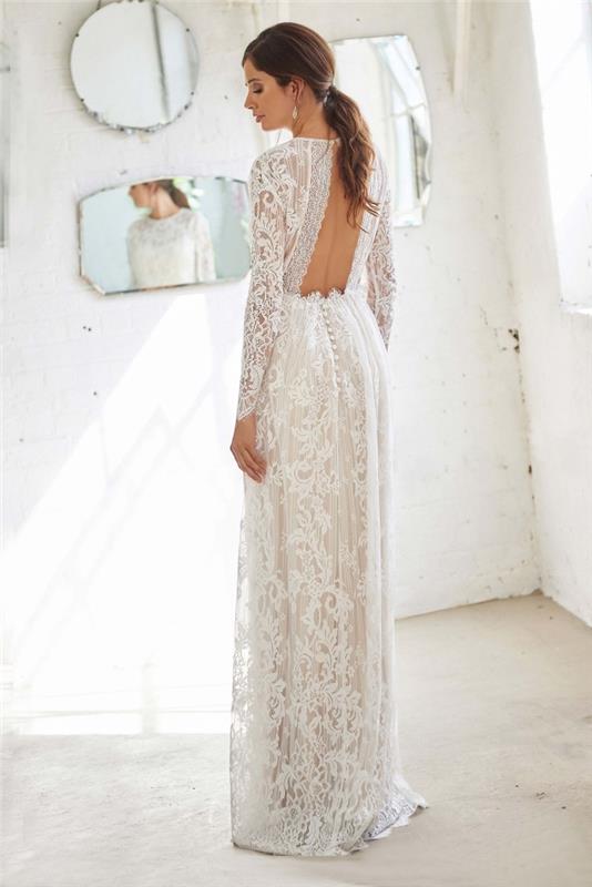 romantisk bruddräkt i elegant bröllopsklänningsklänning, vit klänningsmall med öppen rygg och knappning