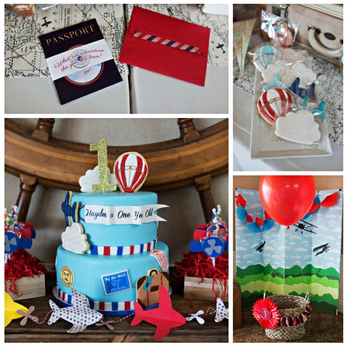 födelsedagsborddekoration på temat äventyr och resor, födelsedagstårta med rese-tema med blå glasyr och dekoration av sockerpasta