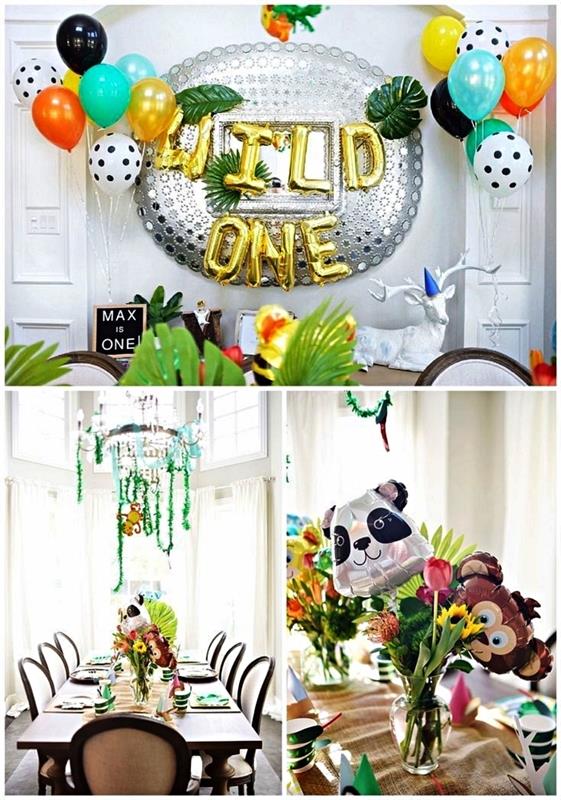 1 års jubileumsdekoration på djungeltemat med ballonger och konstgjorda tropiska löv, bordsdekoration med djungeldjurballonger och blomsterbuketter