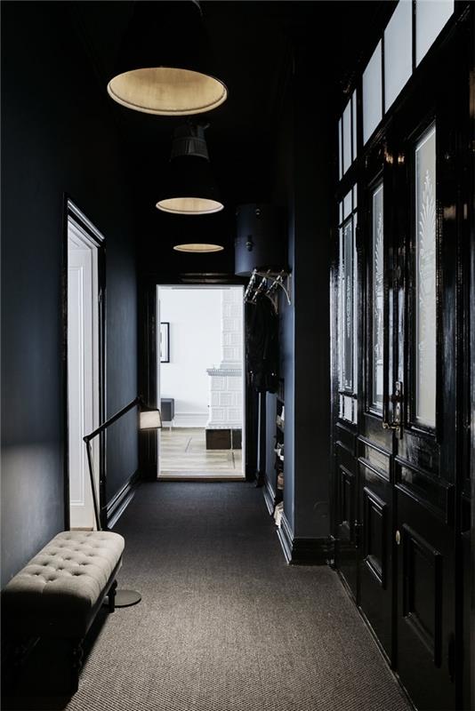 Deco smal hall i Haussmann-stil med matt svartmålade väggar med utsikt över ett vitt vardagsrum