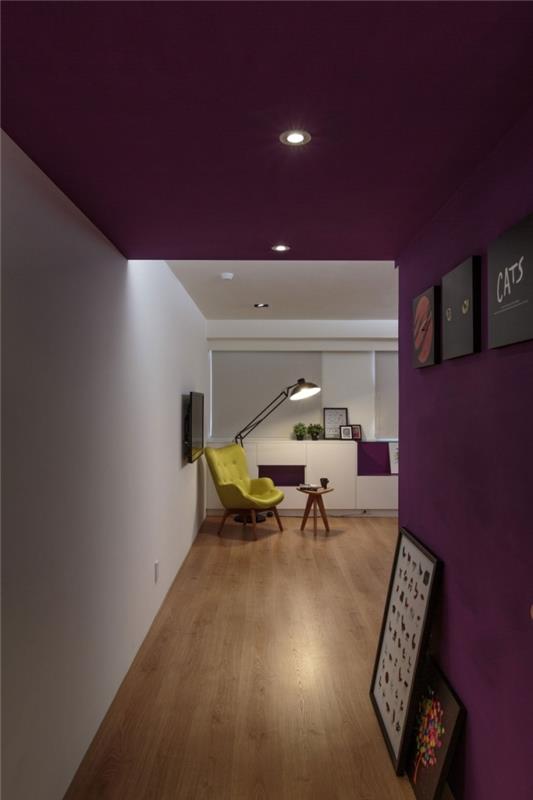 moderná výzdoba chodby s purpurovou maľovanou stenou a stropom s výhľadom na modernú bielu obývaciu izbu, výzdoba chodby so stenou z čiernych rámov