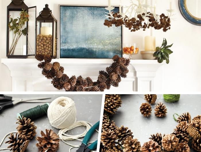 vinterdekor i ett vitt vardagsrum med enkla DIY -objekt, höstens manuella aktivitetsidé med en tallkottskrans