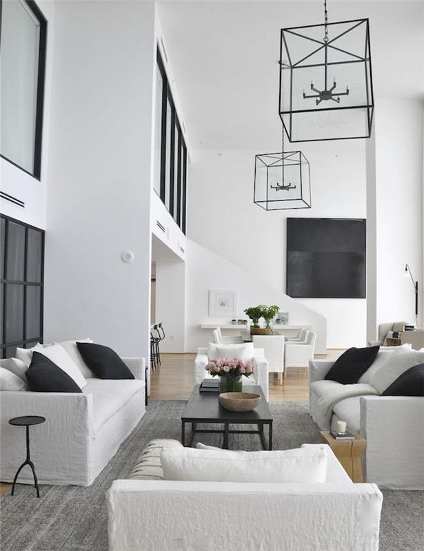 nápady na dizajn obývačky luxusná moderná výzdoba loftu biela čierna