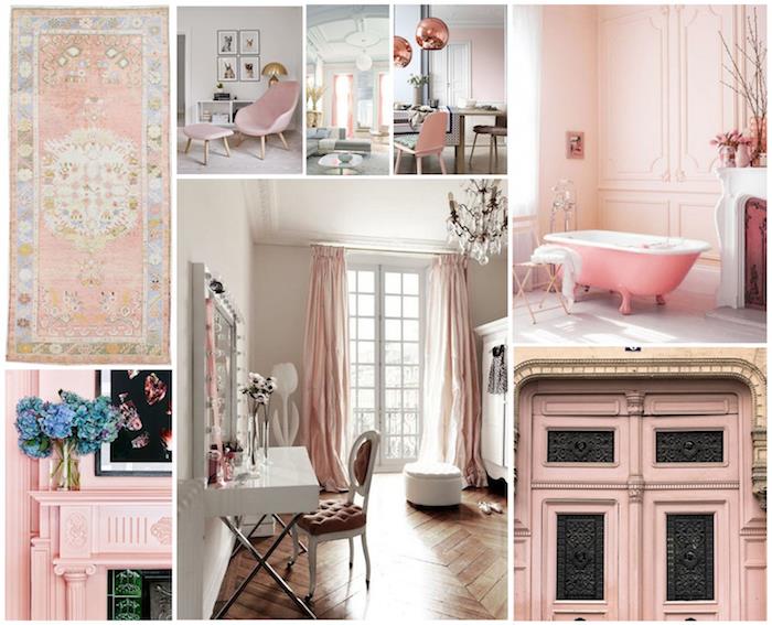 dekorativa föremål i pastellfärger, rum med pastellrosa målade väggar, trägolv