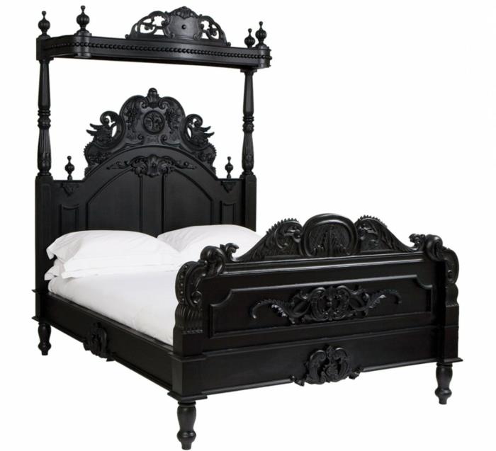 sovrums layout, svart sängmodell, rullad sängram, gotisk säng, vita sängkläder