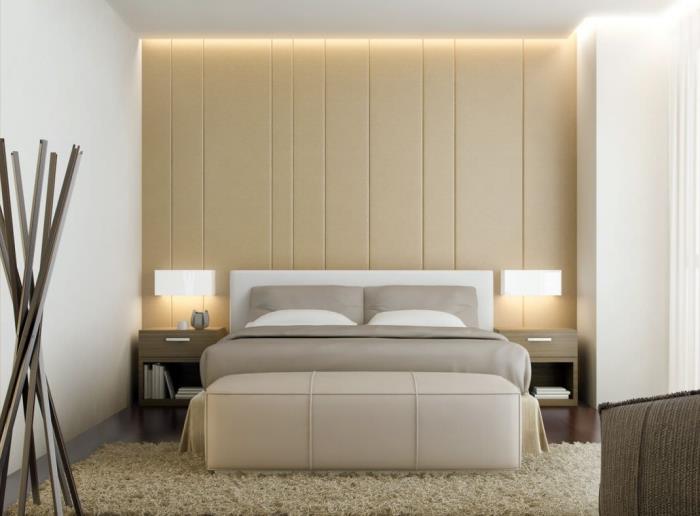 modern och lyxig inredning i sovrum för vuxna med delvis beläggning av beige lädervägg