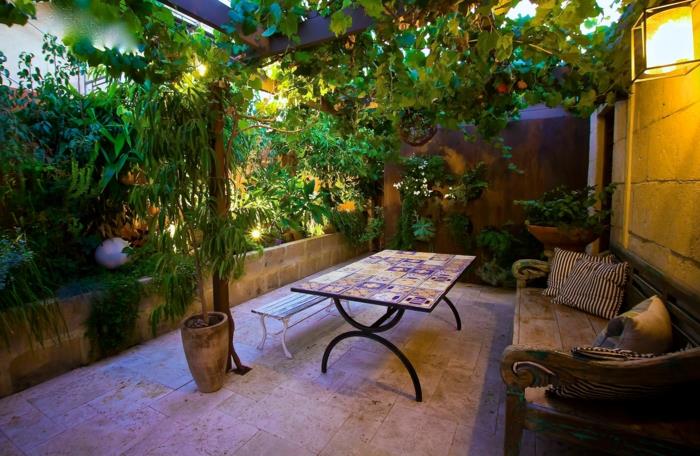 تصميم حديقة صغير ، مقعد خشبي كبير ، أصيص زهور بأشجار مزروعة ، مساحة خارجية مريحة صغيرة