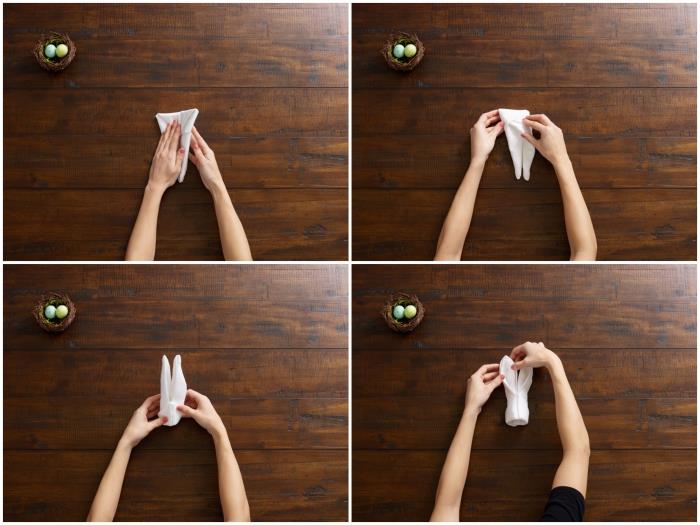 enkel origami påskvikningsteknik i form av en påskhare, steg för steg handledning i bilder för att vika en kanin sjuttio