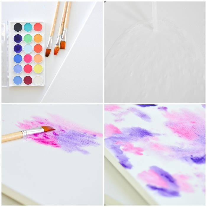 abstrakt målning i lila och rosa, vattenbaserade färger, bord för vardagsrum, väggdekoration att göra själv