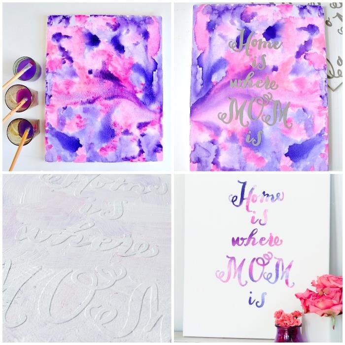 abstrakta målningar i rosa och lila, inskrift på pappersark, heminredning
