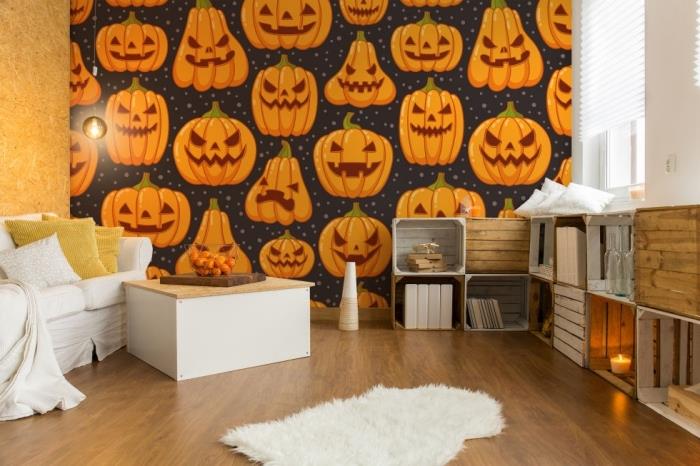 dekorativa tillbehör för halloween -rum, rum med laminatgolv och vit pälsmatta med halloween -klistermärken
