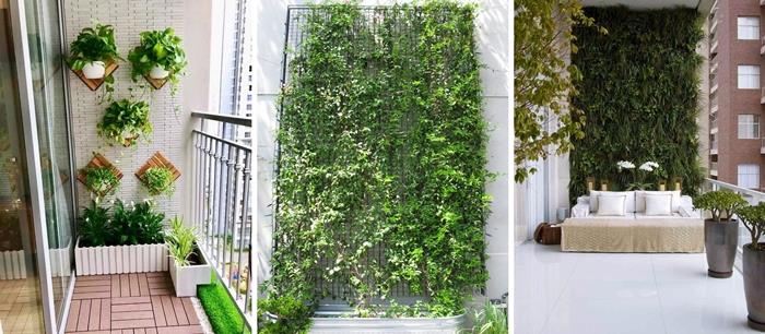 liten balkongdekoration med vertikala trädgårdsväggväxter på staket vita blomkrukor trästöd vit planter trrasse kakel
