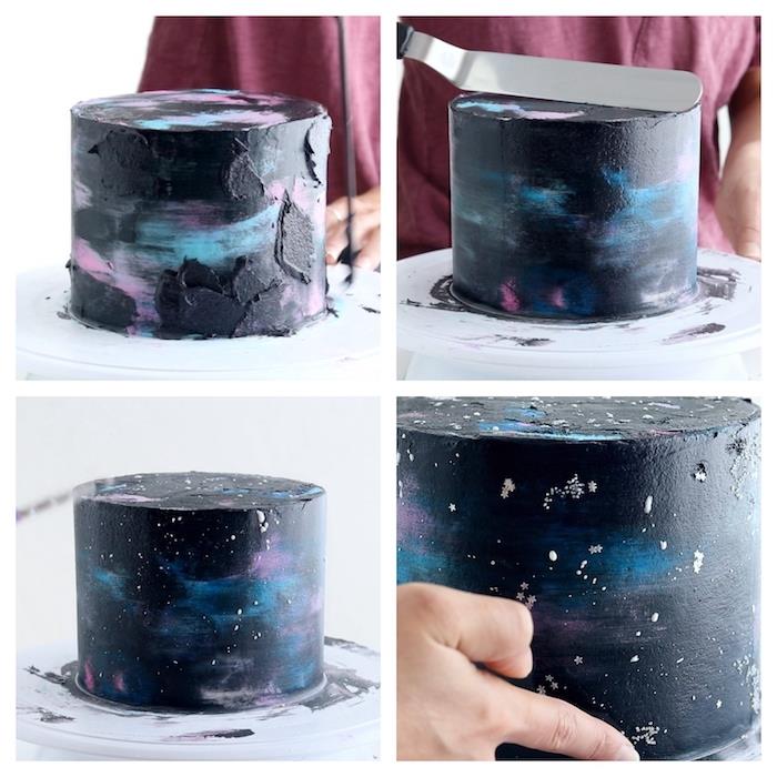 gaalxie tortu, aby ste sa pripravili s krémom ako ľahký koláč na polevu v čiernej, modrej, fialovej farbe s hviezdičkami a jedlými kamienkami na ozdobu