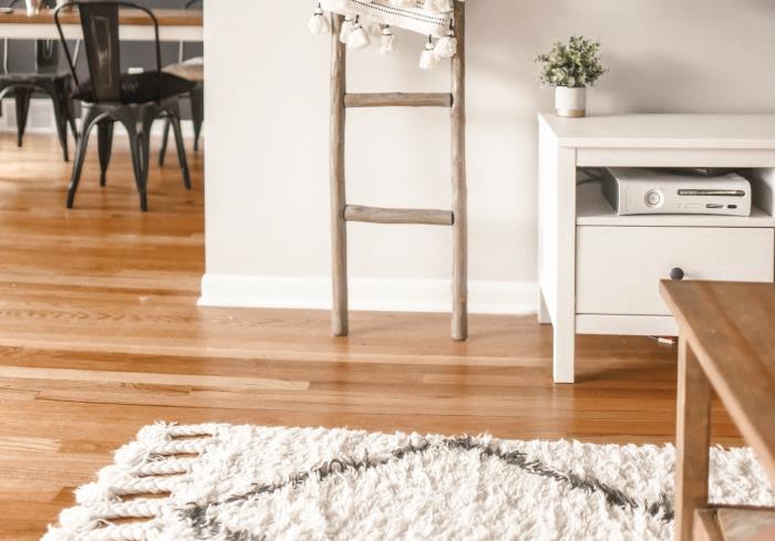 nápad, ako zariadiť škandinávsku obývaciu izbu s bielymi stenami a drevenými akcentmi, modelovať mäkký koberec v bielej farbe