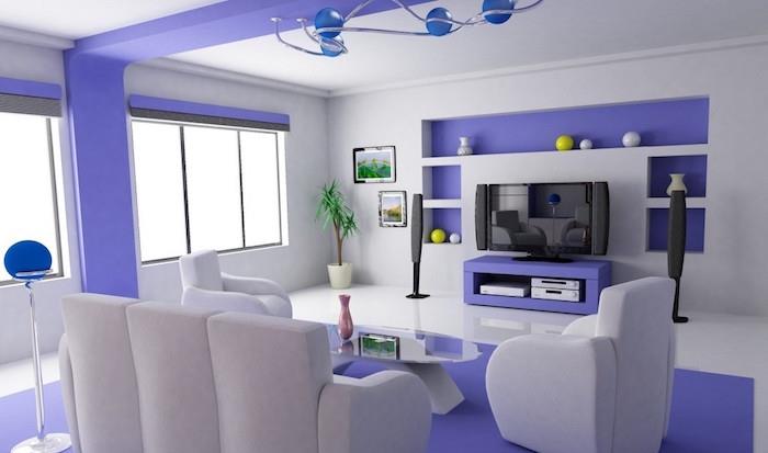 Súčasný nápad na výzdobu obývacej izby, dizajn fialovej bielej dekorácie