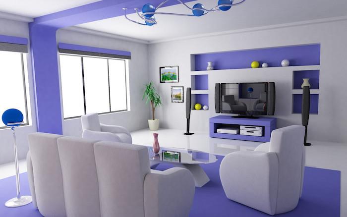 moderný dvojfarebný model obývačky, minimalistická obývačka, biely a purpurový dekor do obývačky
