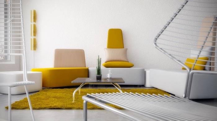 vit och gul inredning, vardagsrumsmöbler i senapsfärg, rektangulärt mattmönster i senapsgult