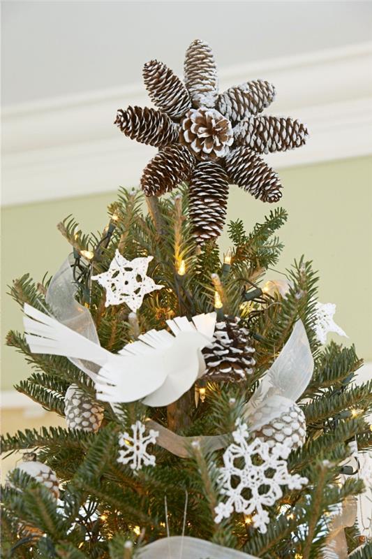 exempel hur man dekorerar ett julgran med enkla DIY -prydnadsmodeller, kottstjärnmodell