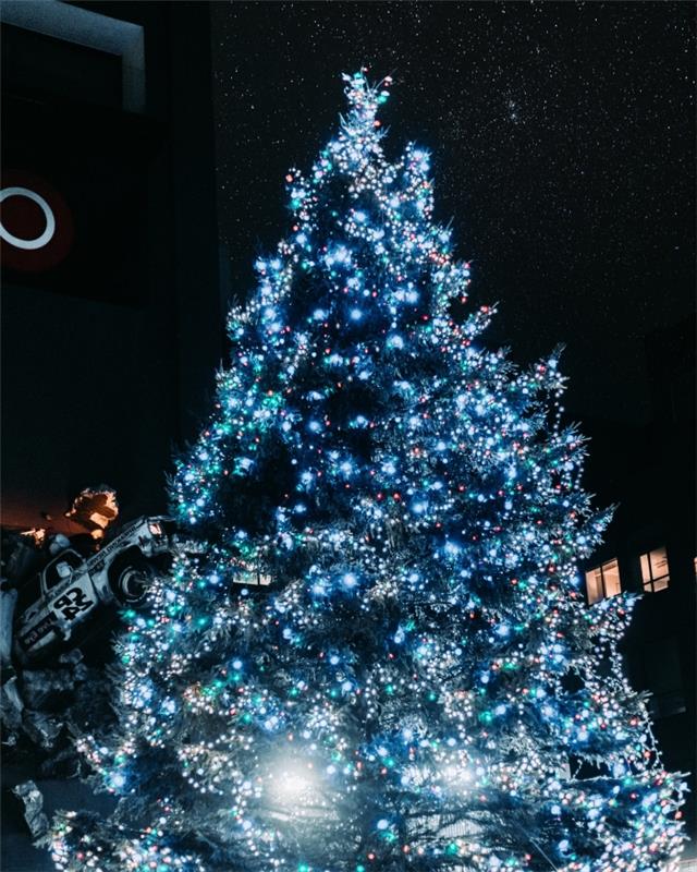 Veselé Vianoce 2019 obrázok, vianočná počítačová tapeta s fotografiou veľkého vianočného stromčeka ozdobeného girlandou modrého svetla