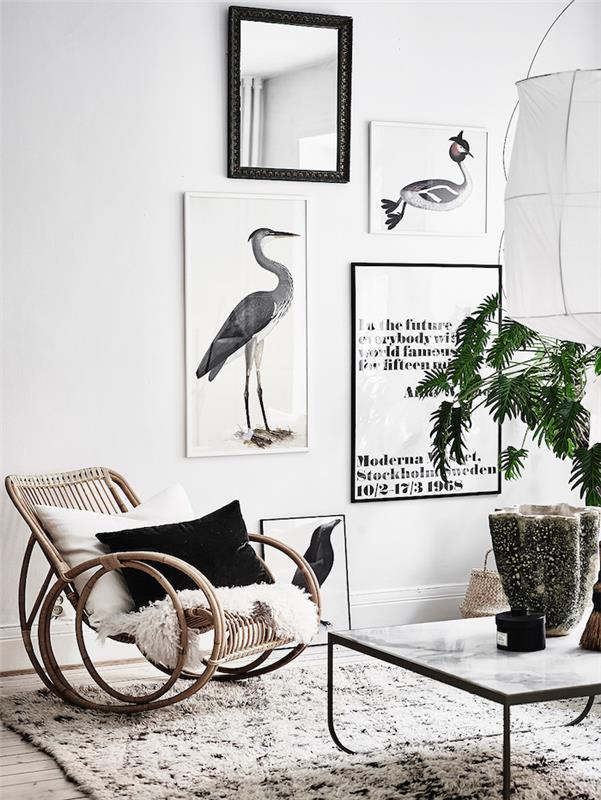 Skandinaviska möbler, soffbord i marmor-effekt, vit pendellampa i origami, vit och svart färg, vit fuskpälskåpa