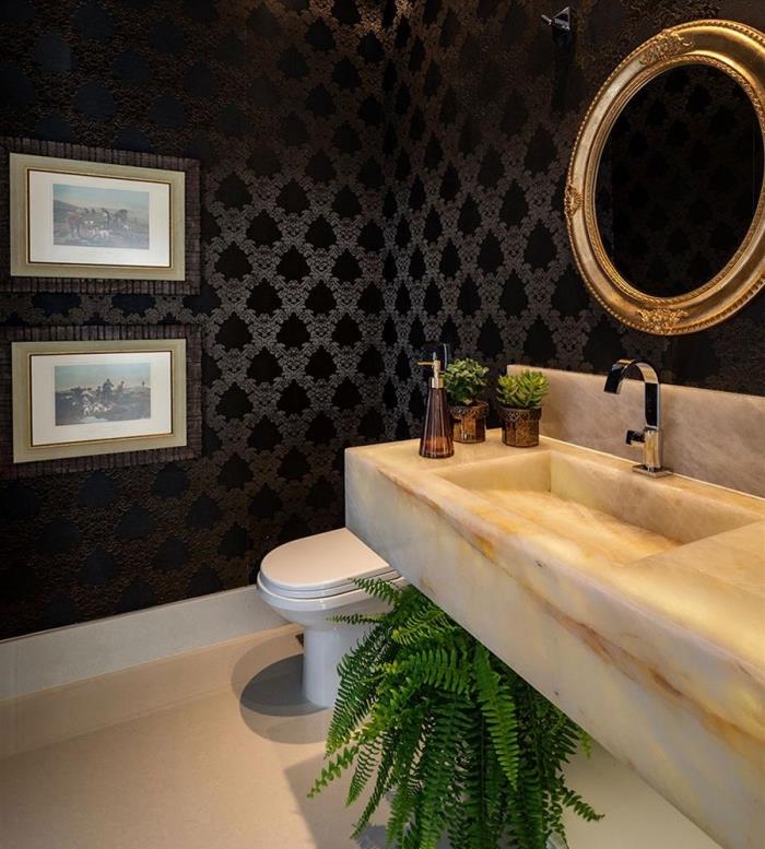 príklad modernej dekorácie toalety, vodotesný model tapety pre kúpeľňu, toaletná dekorácia s rastlinami