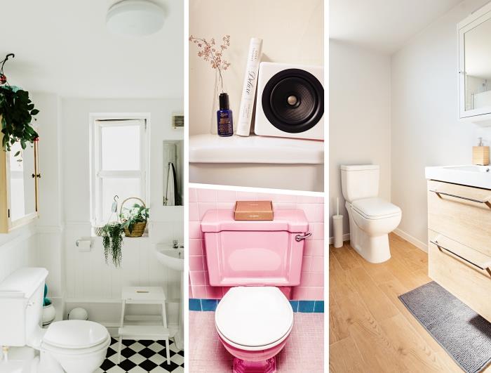 ružová farebná fajansová predstava, ako vyzdobiť svoju toaletu v minimalistickom štýle drevenými predmetmi a zelenými rastlinami