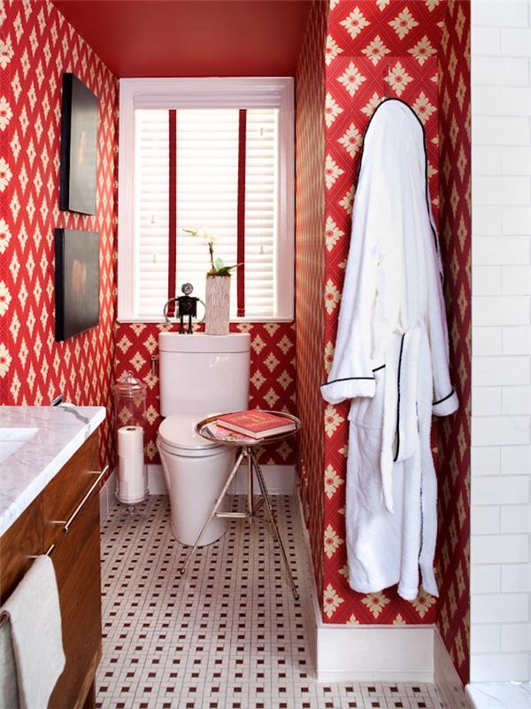 WC dekorácia vintage toaletná dekorácia červená tapeta