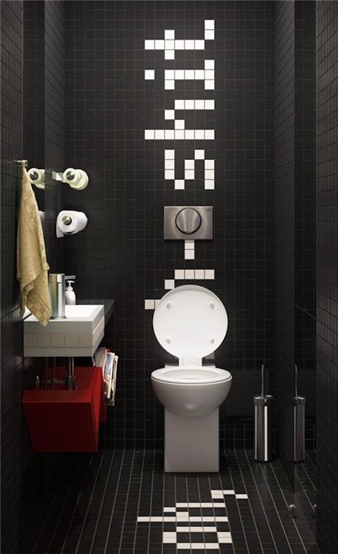 Moderný toaletný humor s čiernou dlažbou a WC