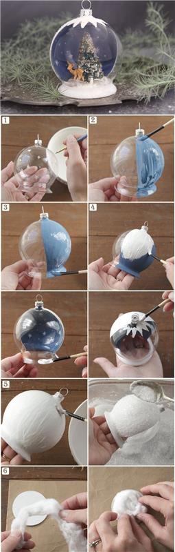 nápad na ručne vyrobenú vianočnú dekoráciu, ktorá predstavuje polopriehľadnú snehovú guľu so snehovou farbou a vianočnými figúrkami na zemeguli