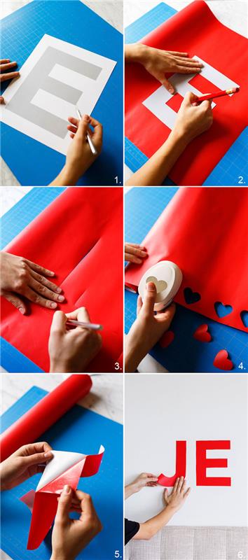 DIY sänggavel, hjärtbokstäver i självhäftande papper att klippa för att dekorera en vägg, vuxen manuell aktivitet