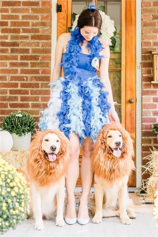 Klä ut dig som en blå fågel, DIY -klänning med fjädrar, hundar med konstgjord man för att klä ut sig som lejon, gruppdräkt, karnevalskostym