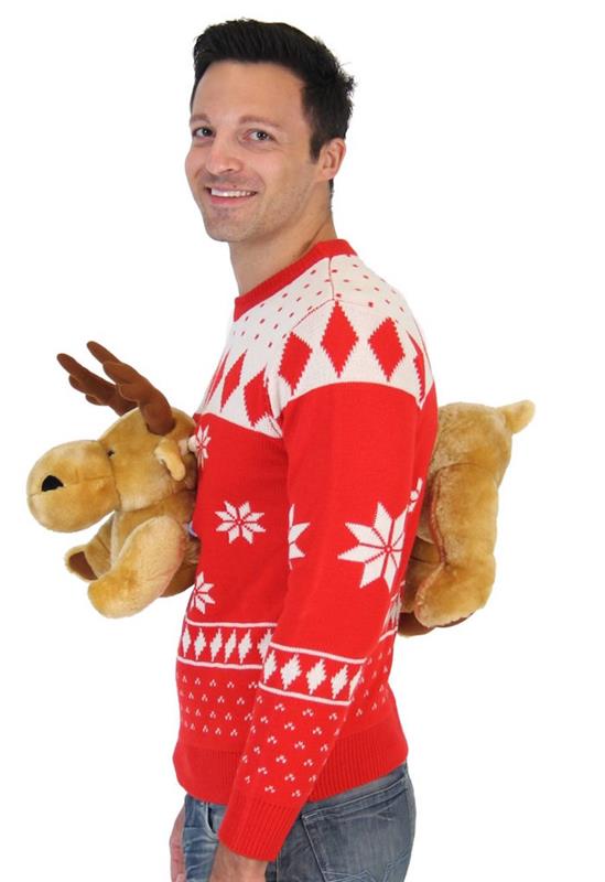 škaredý vianočný sveter s plyšovým sobom vpredu aj vzadu ako prezlečenie za gýčovú párty
