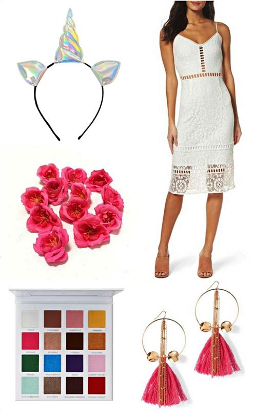 allt du behöver för att göra en glamorös enhörningskostym, enhörningslook i en vit klänning kompletterad med ett holografiskt enhörningshårband och rosa tofsörhängen