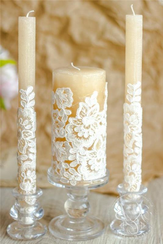 bröllop dekoration idé personliga spetsljus, ett romantiskt bröllop mittpunkt, träbord