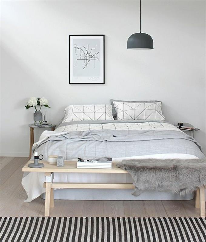 سرير-سرير-في-زهرة-خطوط-على-خشبي-طاولة-سرير-طلاء-جدار-أبيض