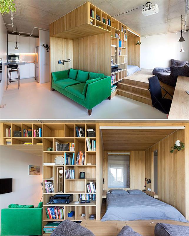 trähylla, enkelsängsoffa och säng på träplattform, smaragdgrön soffa, vitt studiokök