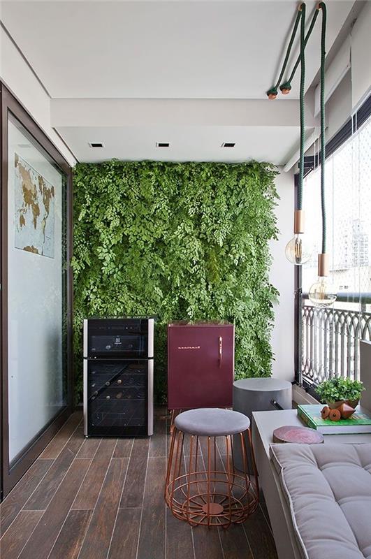 design balkongpall metall och grå sammet modern vit bänk balkong grön vägg