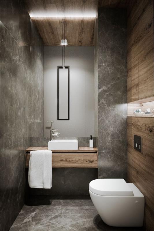 toaletná dekorácia v priemyselnom štýle s obkladom stien s dreveným a cementovým efektom, nápad na toaletnú dlažbu s mramorovým efektom